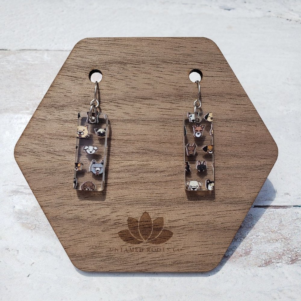 Puppy Dog Print Small Rectangle Earrings, Acrylic, Stainless Steel, Handmade